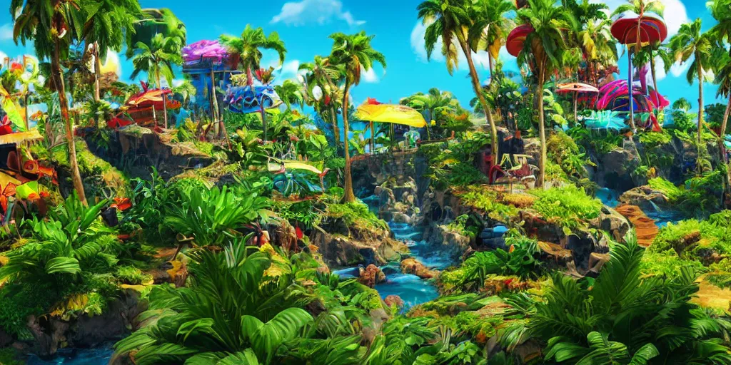 Image similar to plastic beach island lush vegetation caustics fluid simulation lighting impressive colorful masterpiece graffiti hyper perspective textured detailed intricate sharp focus 8 k octane render nvidia raytracing demo