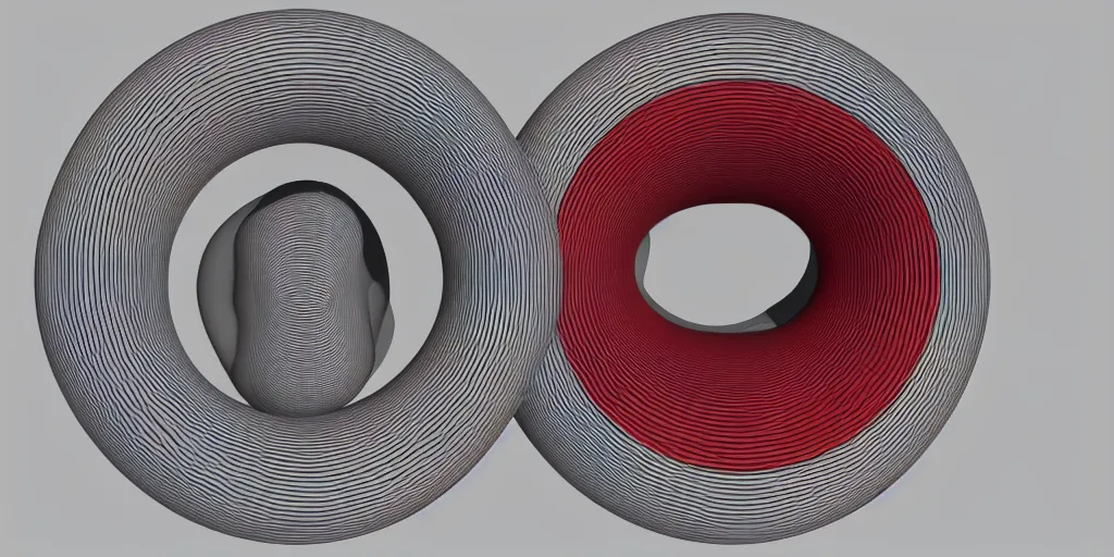 Prompt: a 3 d representation of a topological torus with a hole. the inside is green, the outside is red. the background is a soft plain light gray.