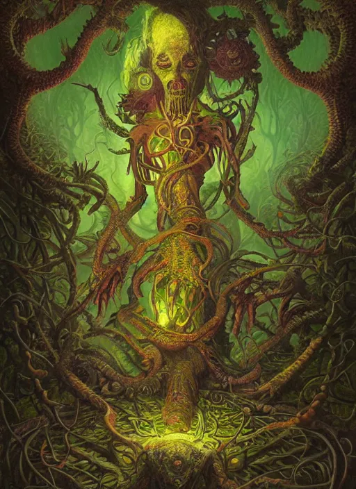 Image similar to lsd hippie poster art lovecraft horror machine glowing reptile eyes, plants and trees, elegant, highly detailed, centered, digital painting, artstation, concept art, smooth, sharp focus, illustration, artgerm, tomasz alen kopera, peter mohrbacher, donato giancola, joseph christian leyendecker, wlop, frank frazetta