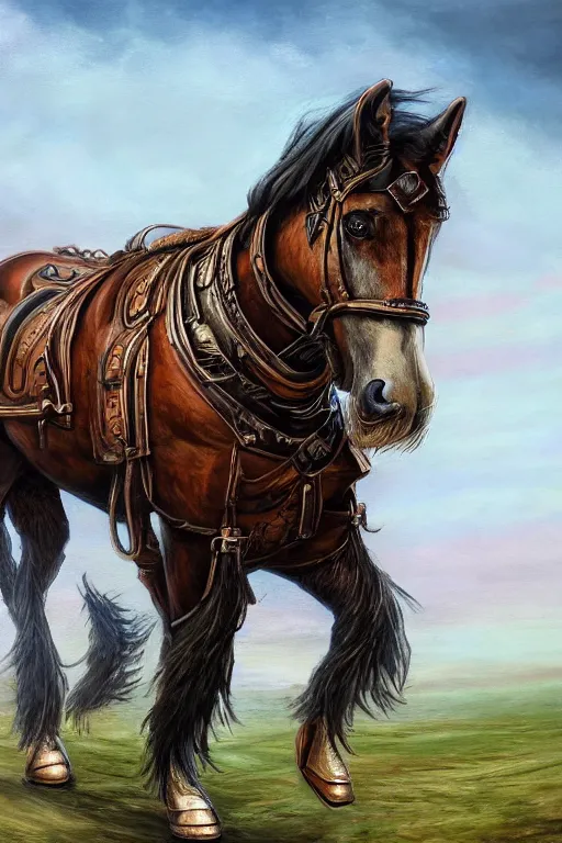 Prompt: hyper detailed oil painting concept art of an armoured shire horse.