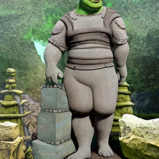 Image similar to a grandiose stone statue monument for shrek, fantasy illustration