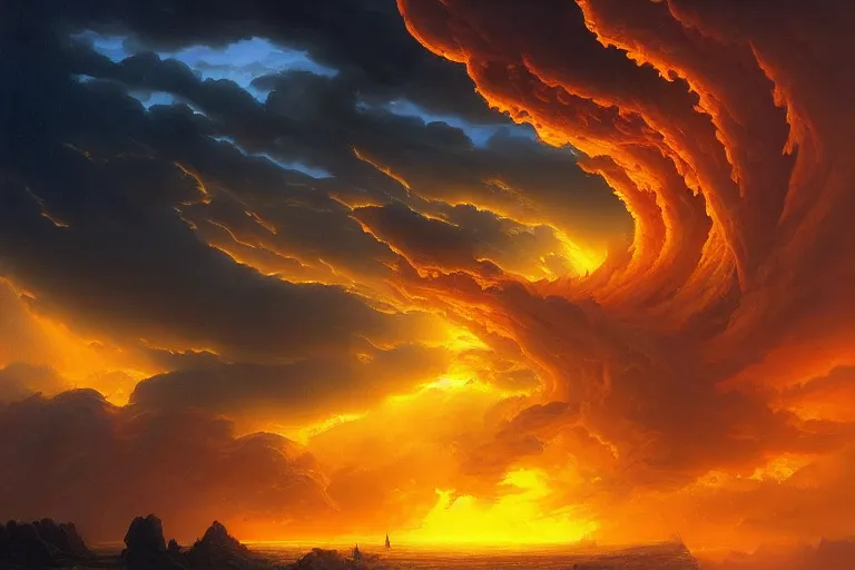 Image similar to a beautiful hyper realistic detailled matte painting of a fiery torrent of wind overflowing with yellow energy, nightfall, barometric projection, by andreas rocha john howe, and martin johnson heade, featured on artstation, featured on behance, ultrawide angle, f 1 6