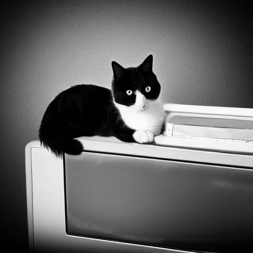 Prompt: black and white cat with a mullet watching his favorite show on TV, 4k,