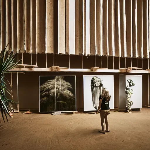 Image similar to a portrait photography of an exhibition room with an arrangement of elements / anthropological conceptual object / tropicalism / ( ( ( ( ( ( ( ( ( ( ( ( ( ( ( ( brutalism ) ) ) ) ) ) ) ) ) ) ) ) ) ) ) ) / animism, grain / shades / highly detailed / fujifilm x - t 3 0