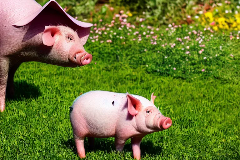 Prompt: a pig wearing a sunhat!!! garden! hyper realistic!! realistic lighting!! wildlife photographer of the year!!! bold natural colors, national geographic, hd, wide angle, 8 k