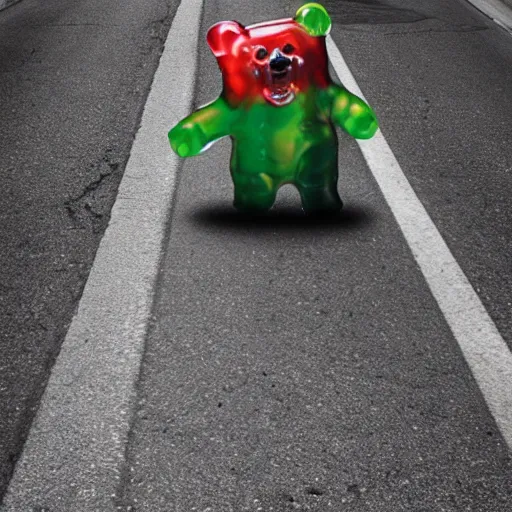 Image similar to A scary gummy bear is chasing me ,night,street,road