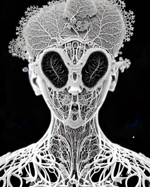 Image similar to surreal black and white photo portrait of complex bio-mechanical beautiful young female vegetal-cyborg with a Mandelbrot fractal metal fine lace face, curled silver hair, 150 mm lens, soft rim light, fine metal floral foliage super big lace collar by Alexander McQueen, high fashion, haute couture, rococo, steampunk, silver filigree details, anatomical, facial muscles, cable wires, microchip, elegant, hyper realistic, octane render, unreal engine, in the style Dora Maar, volumetric lighting, 8k,