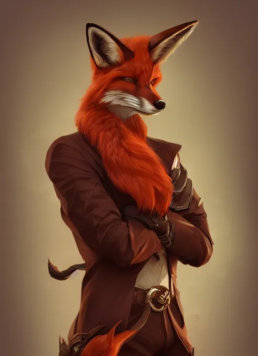 Image similar to a highly detailed illustration of attractive young red haired man with fox ears wearing brown suit, dramatic pose, intricate, elegant, highly detailed, centered, digital painting, artstation, concept art, smooth, sharp focus, league of legends concept art, wlop