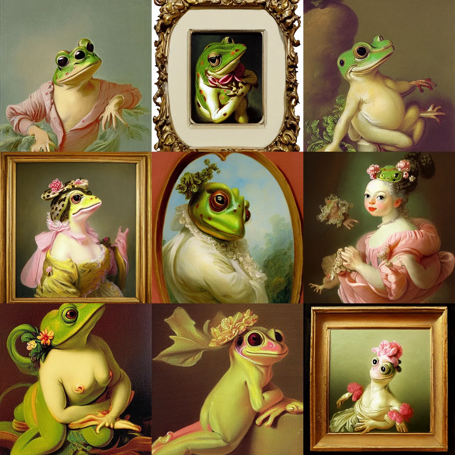 Prompt: portrait rococo painting of Princess frog by Jean‑Honoré Fragonard