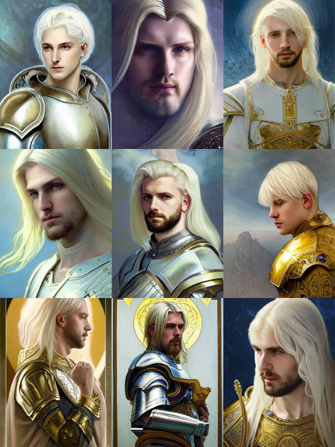 Prompt: portrait of a calm and pious male aasimar paladin above head with medium length platinum blonde hair wearing white and gold armor, pensive and hopeful expression, highly detailed, cinematic lighting, illustration, painterly, art by Krenz Cushart and Artem Demura and alphonse mucha, intricate, masterpiece, fantasy, halo of light, d&d