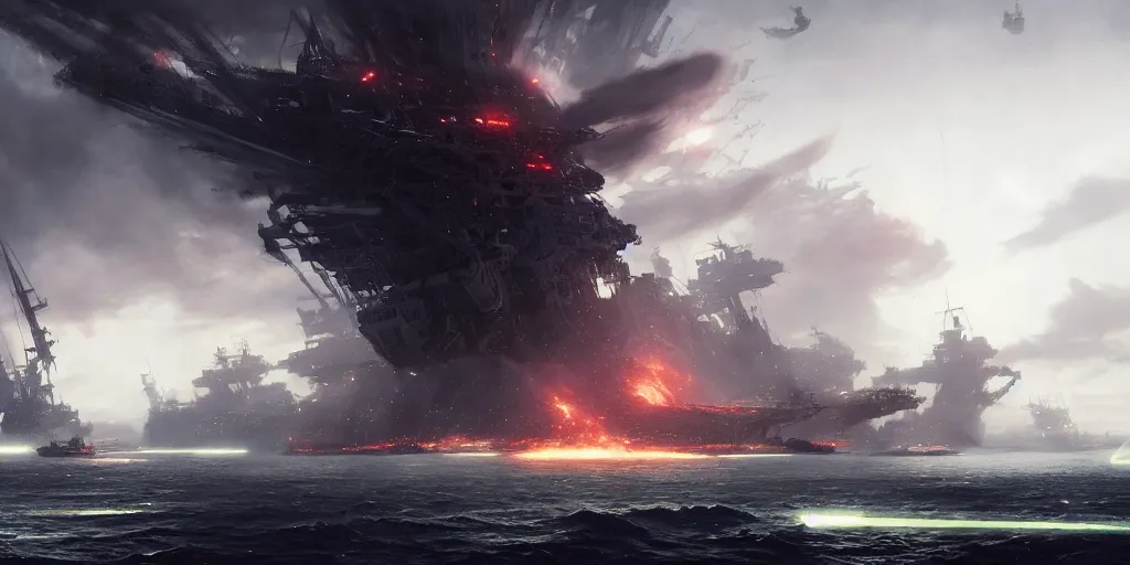 Prompt: A large ship armada is getting destroyed by a giant kraken monster. In style of Yoji Shinkawa and Hyung-tae Kim, trending on ArtStation, Greg Rutkowski, dark fantasy, great composition, concept art, highly detailed, scenery.
