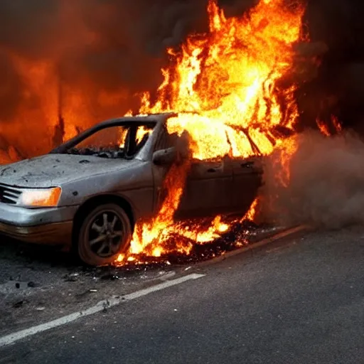 Image similar to movie still of a burning car from the series radebank,