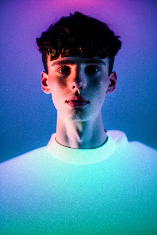 Prompt: high quality pastel coloured film mid angle selfie photograph of a beautiful young 2 0 year old male, soft features, black hair, wearing reflective padded clothing standing in an icelandic black rock environment. atmospheric. three point light. photographic. art directed. ( pastel colours ). volumetric light. sheen. waves glitch. 8 k. filmic.