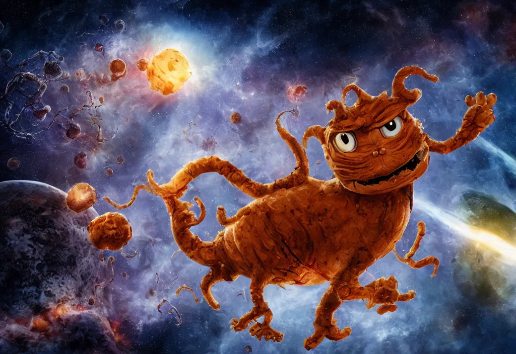 Image similar to eldritch horror bloody garfield in space, hd, 8 k, giant, epic, realistic photo, unreal engine, stars, prophecy, powerful, cinematic lighting, destroyed planet, debris, violent, sinister, ray tracing, dynamic, epic composition, dark, horrific, teeth, grotesque, monochrome drawing, hellscape, death, corpses, foreboding