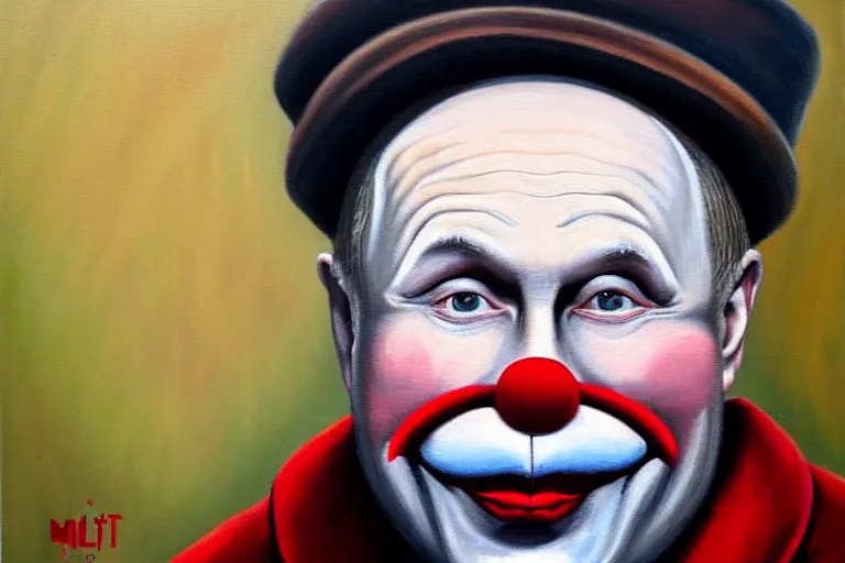 Image similar to putin as a clean-shaven sad hobo clown. head shot portrait. oil painting by emmett kelly.