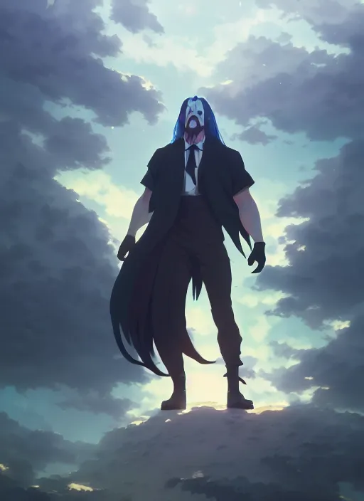 Image similar to portrait of undertaker wwe, cloudy sky background lush landscape illustration concept art anime key visual trending pixiv fanbox by wlop and greg rutkowski and makoto shinkai and studio ghibli