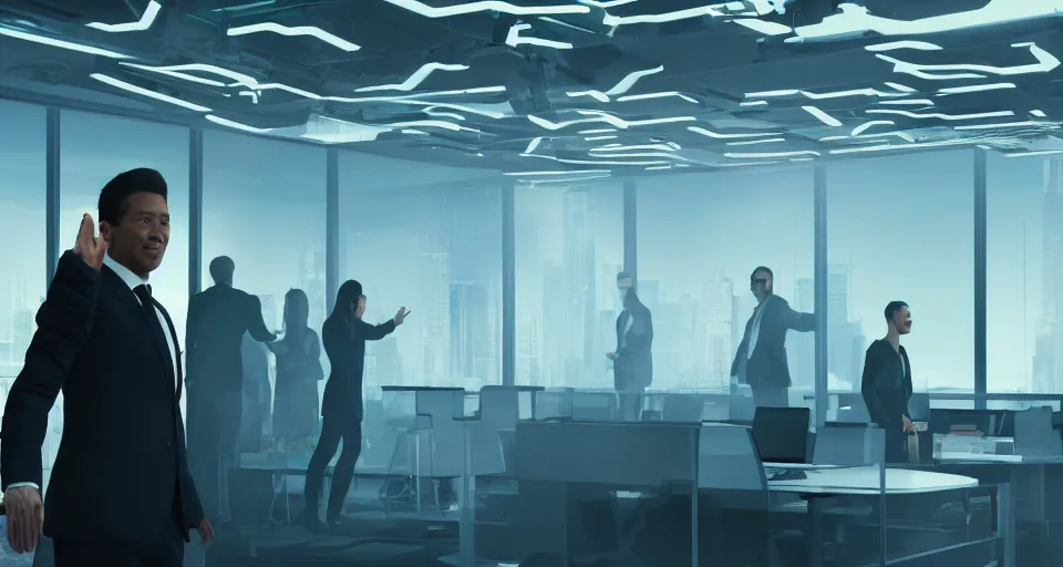 Image similar to Dramatic photo of a CEO waving to silhouettes of his coworkers in a futuristic office. Golden coins are levitating all around them. 8k, high detail, trending on Artstation, volumetric lighting, cyberpunk