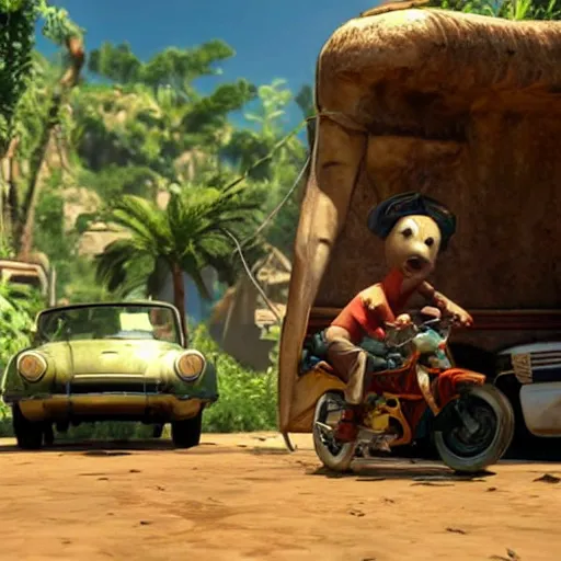 Image similar to a still of from the movie a bug's life crossover with the game uncharted 2 : among thieves