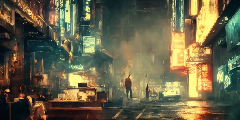 Prompt: joe biden eating a sandwich, smoke, fire, chaos, photo realistic, 8k, artstation, Blade runner, neon, neon signs in the distance, dark, cinematic, high contrast, epic