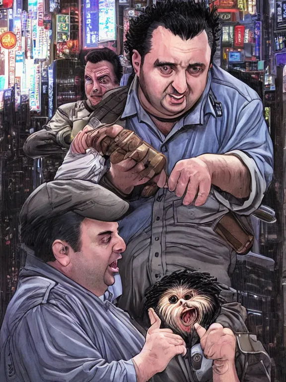 Image similar to rich evans defends mike stoklasa from a crackhead wookie in neo tokyo, hyperrealistic, 4 k, ultra detailed, intricate detail, photorealistic.