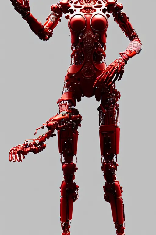 Image similar to a statue made of red marble, of an beautiful chinese girl, full body shot, perfect body, white biomechanical, inflateble shapes, wearing epic bionic cyborg implants, masterpiece, intricate, biopunk futuristic wardrobe, vogue, highly detailed, artstation, concept art, background galaxy, cyberpunk, octane render