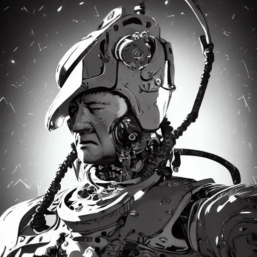 Prompt: highly detailed portrait of a John Wayne space cowboy (John Wayne) with robotic cybernetic enhancements by Dustin Nguyen, Akihiko Yoshida, Greg Tocchini, Greg Rutkowski, Cliff Chiang, 4k resolution, nier:automata inspired, bravely default inspired, vibrant but dreary brown, black and white color scheme!!! ((Space nebula background))