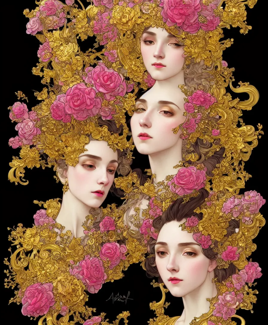 Image similar to beautiful black pink yellow, complicated gold and pink flowers in baroque style headwears, dark fantasy, intricate, elegant, highly detailed, digital painting, artstation, concept art, matte, 3 d 8 k octane rendered, sharp focus, illustration, octane rendered, art by artgerm and alphonse mucha, leesha hannigan