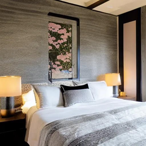 Image similar to bedroom, stone, interior design, stylish luxury hotel bedroom design, yakisugi, black vertical slatted timber, textures, feminine, black walls, art, Japanese pottery vase with flowers, kakejiku, seasonal, Japanese influences