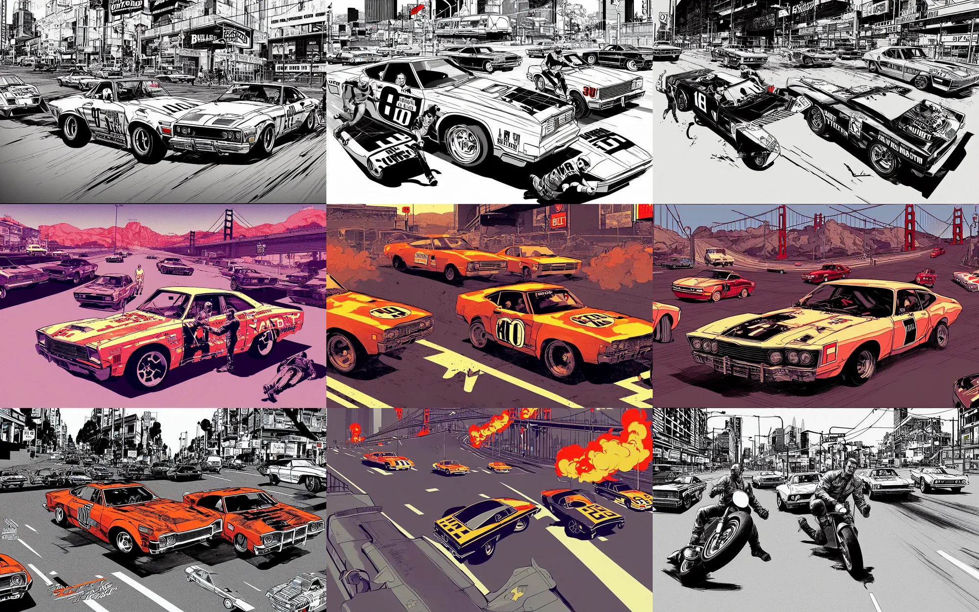Prompt: a stunt driver racing steve mc queen as bullit through san francisco in 1 9 7 0, 3 point perspective, quentin tarantino action shot, gta 3 illustration by james jean, rust and dust and fire and dirt, very asphalt