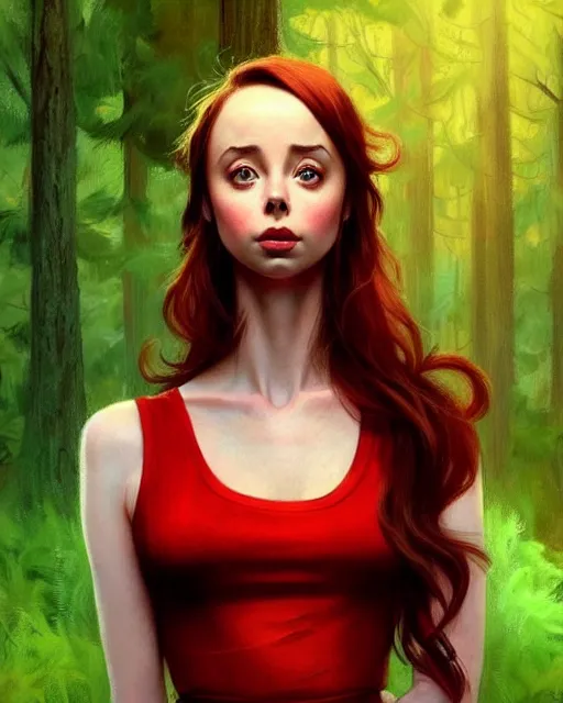 Prompt: gorgeous Kacey Rohl, realistic character concept, red hair, symmetrical face, symmetrical eyes, green dress, forest, trees, shorter neck, cinematic lighting, artgerm, Norman Rockwell, Adreas Rocha, beautiful