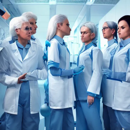 Image similar to line of six tall short fat scrawny women, white hair, tight light blue neopren space uniforms, futuristic chemistry lab, sci - fi, highly detailed, cinematic