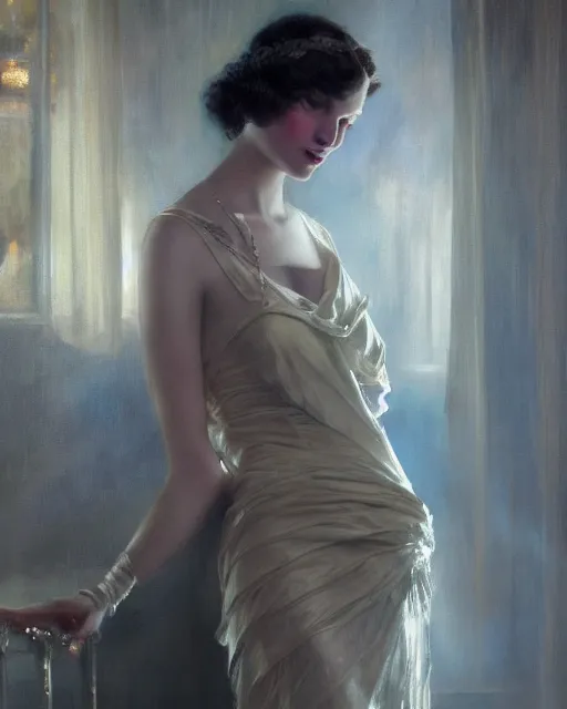 Image similar to daniel gerhartz and tom bagshaw close portrait digital painting of a 1 9 2 0 s beautiful woman at a party in a mansion, strong contrast, unreal engine, hyper realism, realistic shading, cinematic composition, realistic render, octane render, detailed textures, photorealistic, ultrawide shot, 3 5 mm film