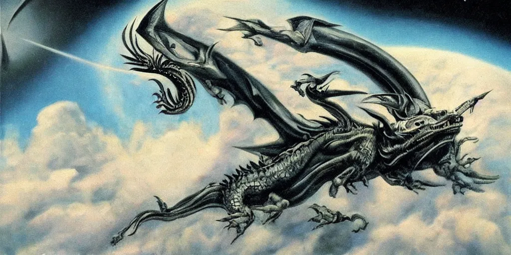 Image similar to painting by h. r. giger, menacing dragon soaring above the clouds, blackhole sun, dark undertones, exodus of the stars