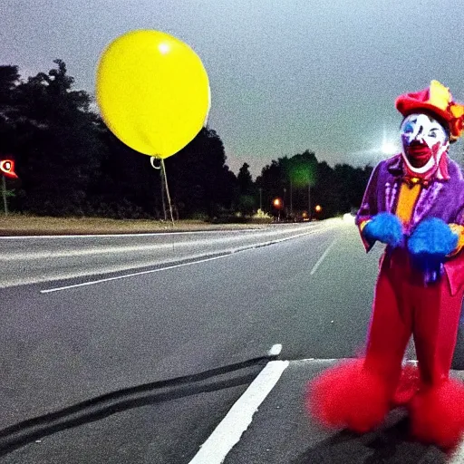 Image similar to a clown in the middle of the street at night, dash cam footage