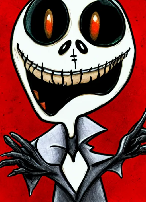 Image similar to jack skellington as a cosmic horror garfield with razor sharp teeth, red eyes, red teeth, digital art, lineart