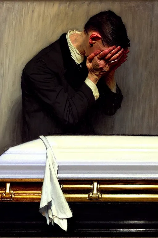 Prompt: a sad man mourning over a casket by sydney prior hall and alfred stevens and sherree valentine daines and norman rockwell, casket, grey cloth, highly detailed, deep shadows, accurate face, hyperrealism, dim lighting