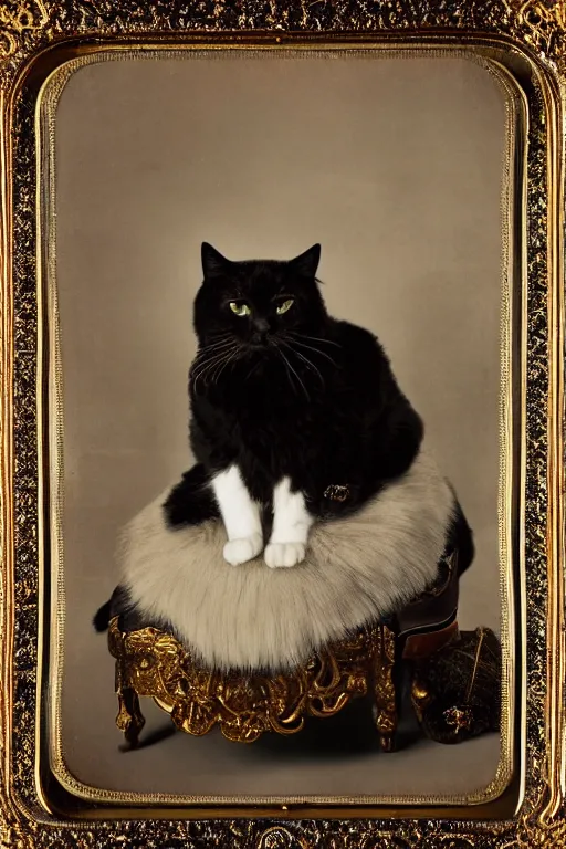 Image similar to a magnificent tintype portrait of a fluffy fat cat on an embroidered velvet cushion on a neo - rococo gilded little bed with precious stones, ball of yarns all around, by david lachapelle, photorealistic, photography, wide shot