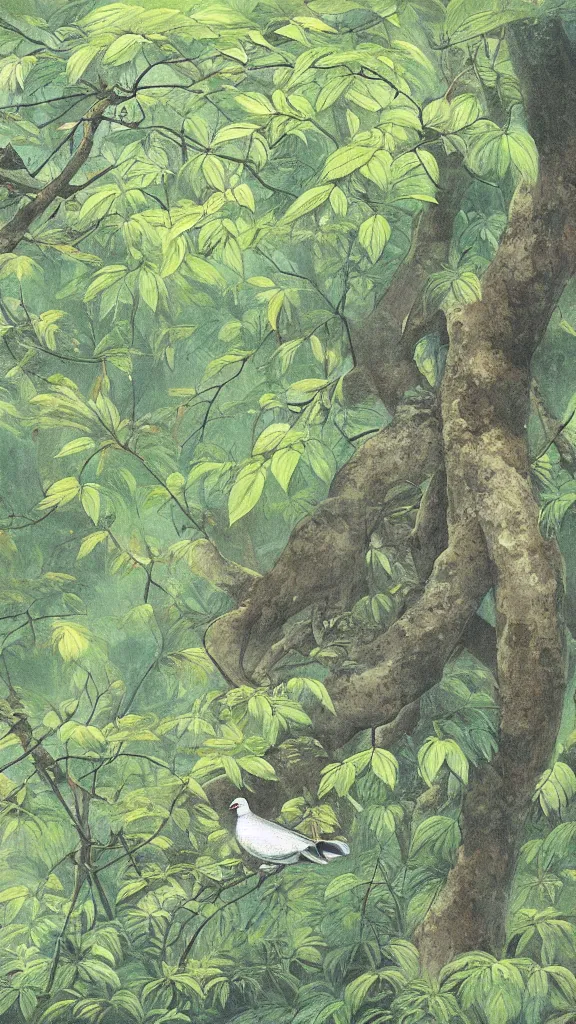 Image similar to a painting of a pigeon in a lush forest, by hiroshi yoshida