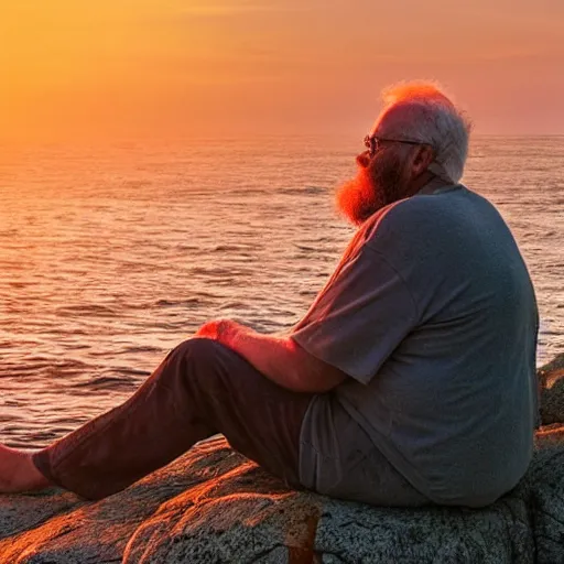 Prompt: old man sitting on a rock and watching beautiful sunset, long beard, warm colors, sea view, silhouette, trending in artstation, soft light