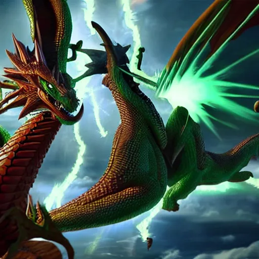 Image similar to shenron fighting bahamut, hyper realistic, cg animation, final fantasy, dragon ball z