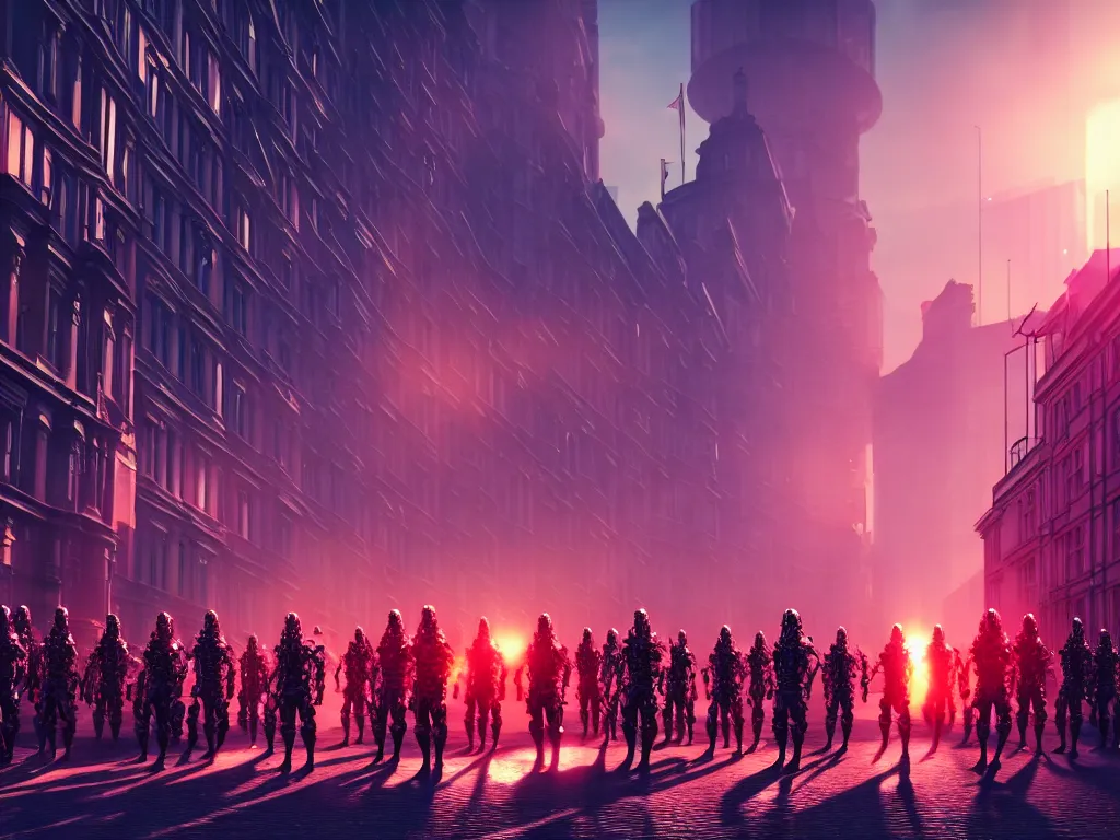 Prompt: an army of beautiful cyborgs of the elder gods in the city of London, London streets in background, colourful, dramatic lighting, golden hour, very detailed octane render very realistic beautiful