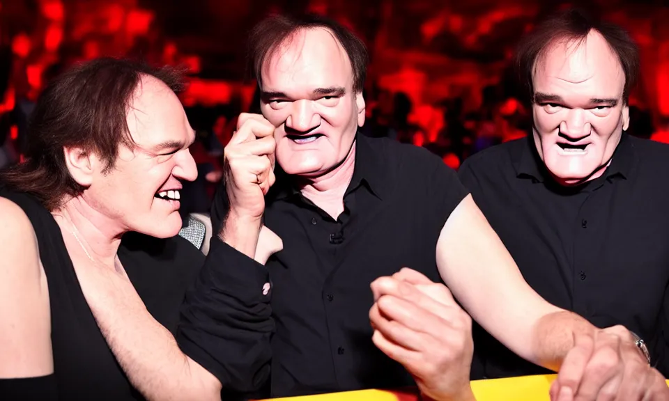 Prompt: Quentin Tarantino smiling at the camera while a female toe is approaching to his mouth. Cinematic lighting. 4k ultra hd. Portrait. Low lights nightclub background.