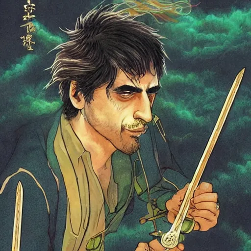 Image similar to attractive 22 year old Frank Zappa golden Vagabond magic swordsman glides through a beautiful battlefield magic the gathering dramatic esoteric!!!!!! pen and ink!!!!! illustrated in high detail!!!!!!!! by Hiroya Oku!!!!! Written by Wes Anderson graphic novel published on shonen jump 2002 award winning!!!!