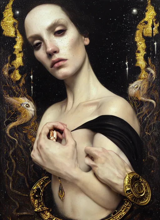 Prompt: highly detailed oil painting | very intricate | cinematic lighting | black, white and gold color scheme, dark background | the hermit looking into the abyss by alexander mcqueen | by roberto ferri, by tom bagshaw, by singer sargent and klimt, american romanticism, occult art | by austin osman spare, artstation, cgsociety, official art, octane