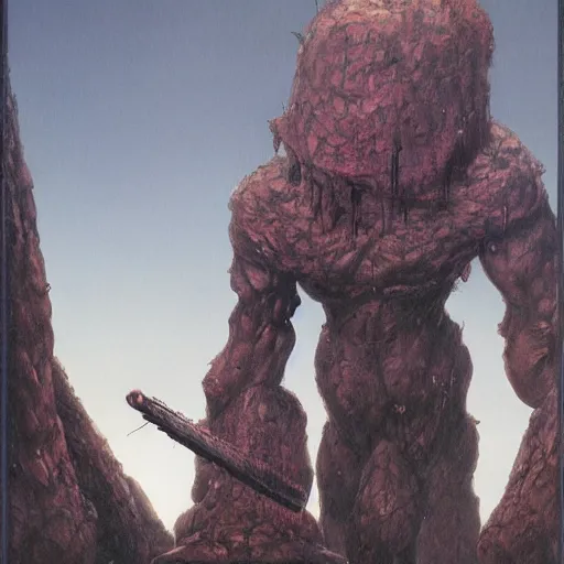 Image similar to concept art of a giant golem, day time, foreboding, fantasy, valley, wayne barlowe