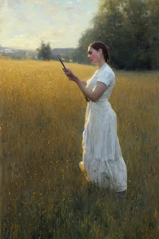 Image similar to Solomon Joseph Solomon and Richard Schmid and Jeremy Lipking painting full length portrait painting of a young woman in the hayfield