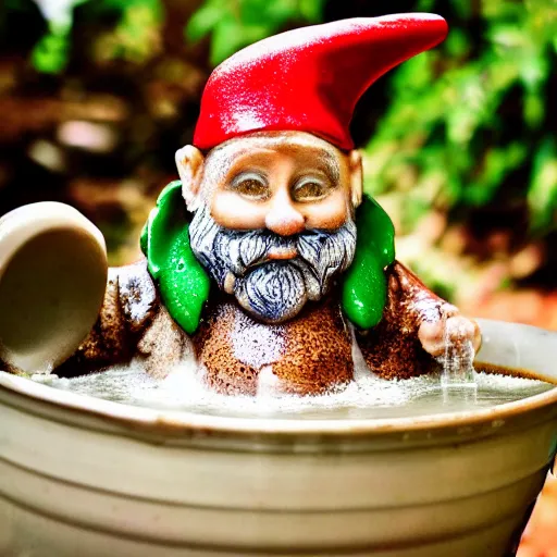 Prompt: garden gnome bathing in gravy, DSLR 15mm