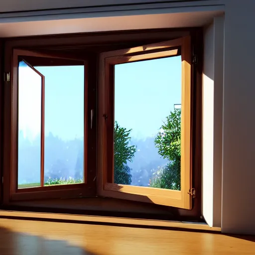 Prompt: 3 d rendered image of hand opening room window, fresh air blender 3 d keyshot unreal engine