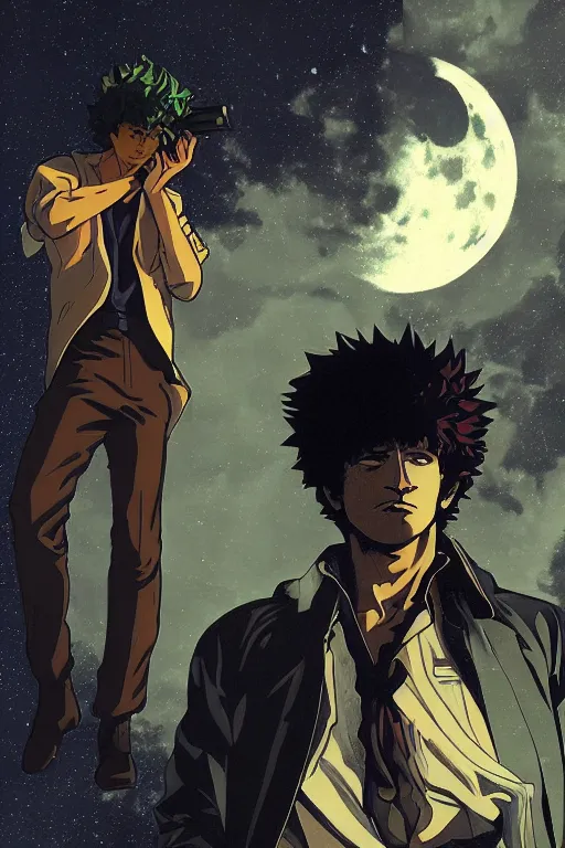 Image similar to concept art, silhouette of Spike Spiegel from Cowboy Bebop in front of the moon Ganymede in the style of Alphonse Mucha and Hiroya Oku, 8k, very high detail, octane render