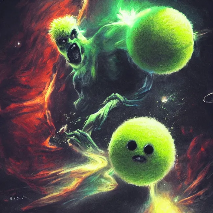 Image similar to cinematic portrait of a tennis ball monster in the abyss of space, chalk, masterpiece, trending on artstation, featured on pixiv, cinematic composition, dramatic pose, beautiful lighting, sharp details, hyper-detailed, HD, HDR, 4K, 8K, art by Basil Gogos